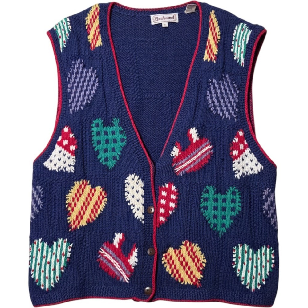 Bechamel Navy Blue Hand Knit Heart Pattern Button Front Vest L Grandmacore Folk